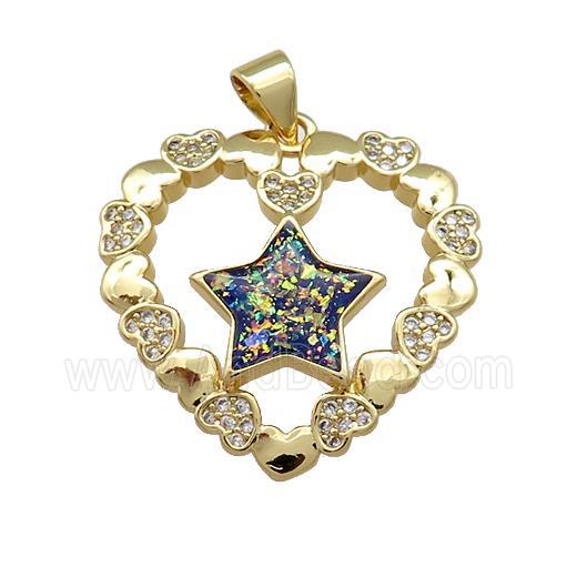 Copper Heart Pendant Pave Multicolor Fire Opal Zircon Star 18K Gold Plated