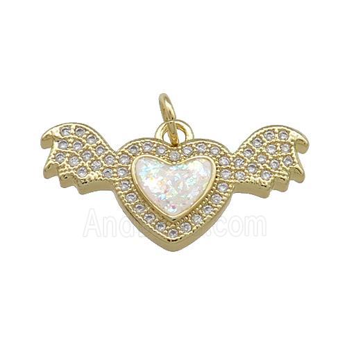 Angel Wings Charms Copper Heart Pendant Pave White Fire Opal Zircon 18K Gold Plated