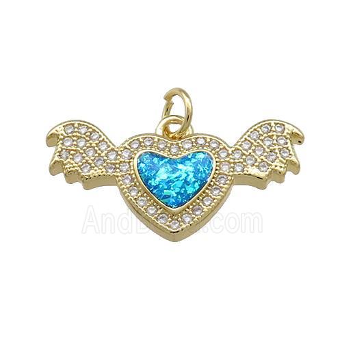 Angel Wings Charms Copper Heart Pendant Pave Blue Fire Opal Zircon 18K Gold Plated