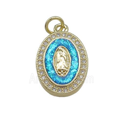 Copper Oval Pendant Pave Blue Fire Opal Virgin Mary Charms 18K Gold Plated