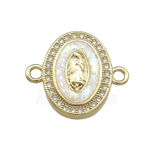 Copper Oval Connector Pave White Fire Opal Virgin Mary Charms 18K Gold Plated