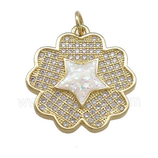 Copper Flower Pendant Pave White Fire Opal Zircon Star 18K Gold Plated