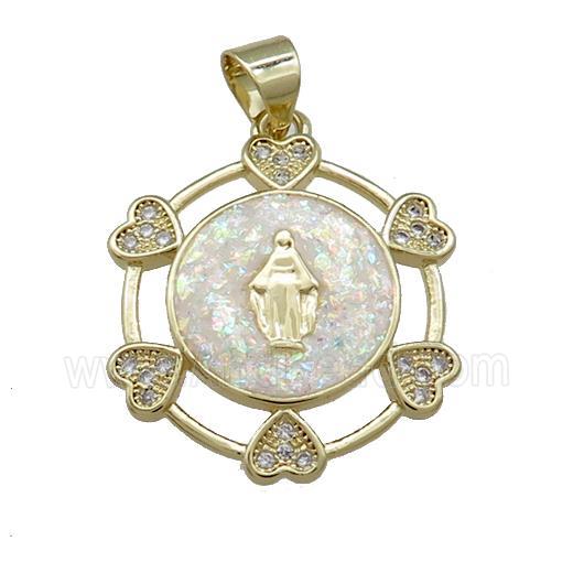 Virgin Mary Charms Copper Pendant Pave White Fire Opal Zircon Heart 18K Gold Plated