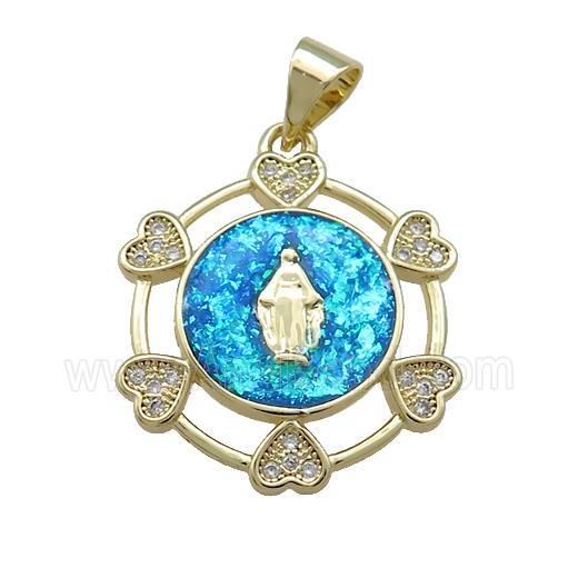 Virgin Mary Charms Copper Pendant Pave Blue Fire Opal Zircon Heart 18K Gold Plated