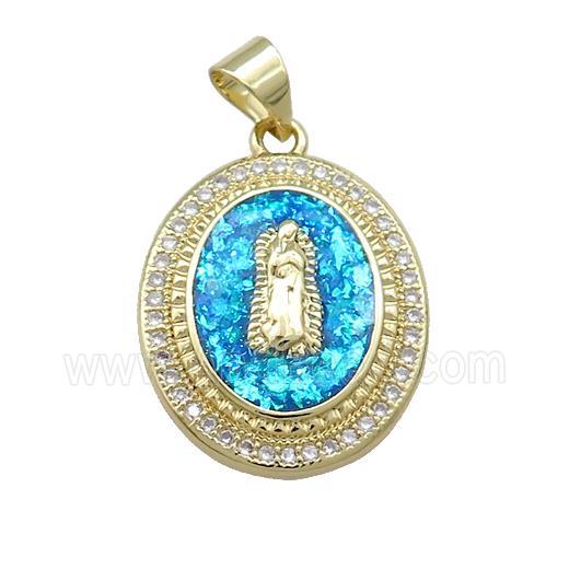 Jesus Charms Copper Oval Pendant Pave Blue Fire Opal Zircon Medal 18K Gold Plated