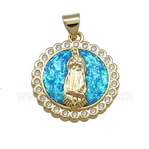Virgin Mary Charms Copper Circle Pendant Pave Blue Fire Opal Zircon Medal 18K Gold Plated