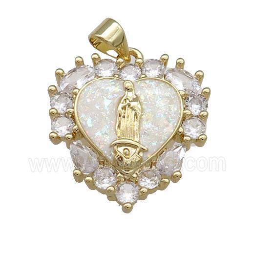 Virgin Mary Charms Copper Heart Pendant Pave White Fire Opal Zircon 18K Gold Plated