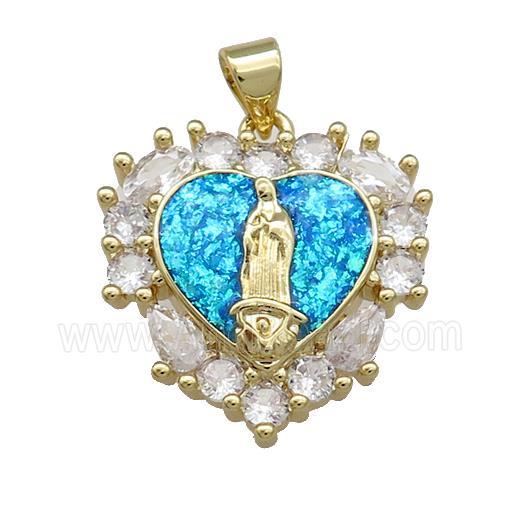 Virgin Mary Charms Copper Heart Pendant Pave Blue Fire Opal Zircon 18K Gold Plated