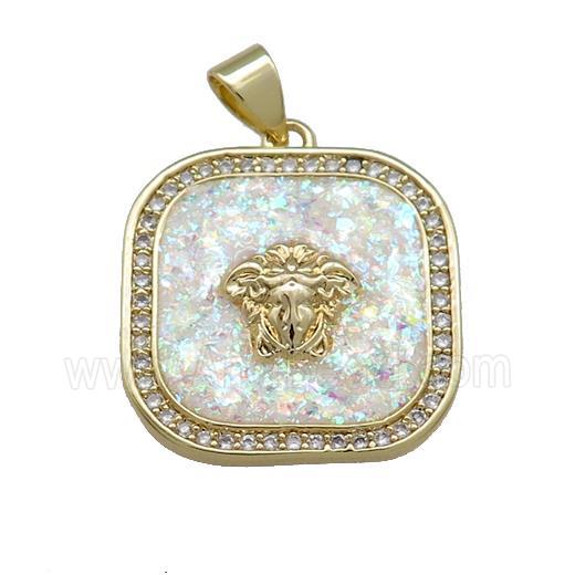 Copper Square Pendant Pave White Fire Opal Zircon 18K Gold Plated