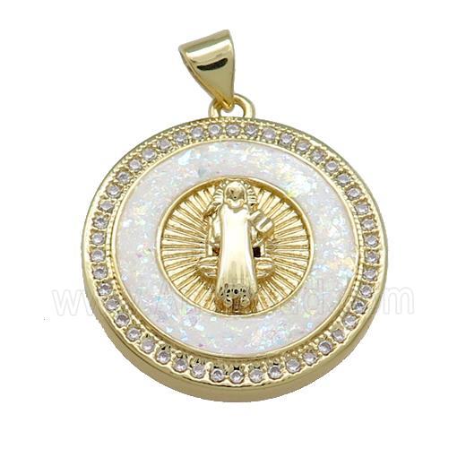 Jesus Charms Copper Circle Pendant Pave White Fire Opal Zircon 18K Gold Plated