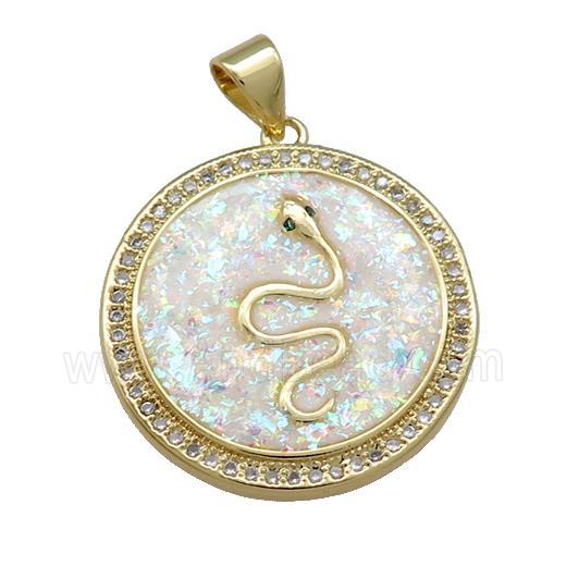 Snake Charms Copper Circle Pendant Pave White Fire Opal Zircon 18K Gold Plated