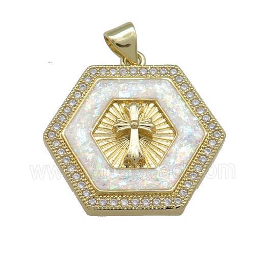 Copper Hexagon Pendant Pave White Fire Opal Zircon Cross 18K Gold Plated