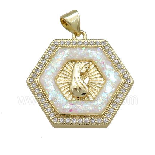 Copper Hexagon Pendant Pave White Fire Opal Zircon Virgin Mary Prayer 18K Gold Plated