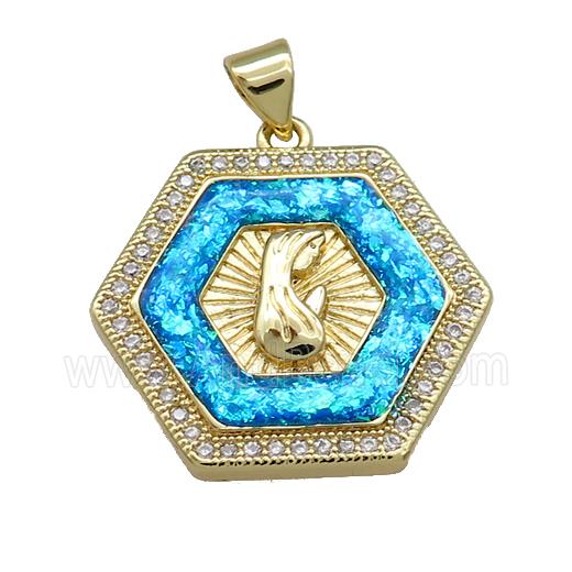 Copper Hexagon Pendant Pave Blue Fire Opal Zircon Virgin Mary Prayer 18K Gold Plated