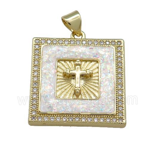 Copper Square Pendant Pave White Fire Opal Zircon Cross 18K Gold Plated