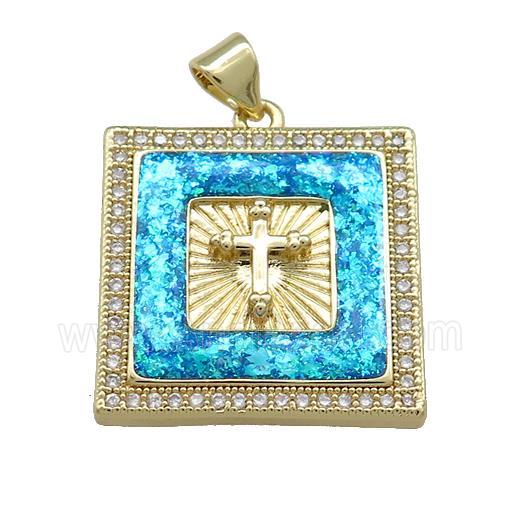 Copper Square Pendant Pave Blue Fire Opal Zircon Cross 18K Gold Plated