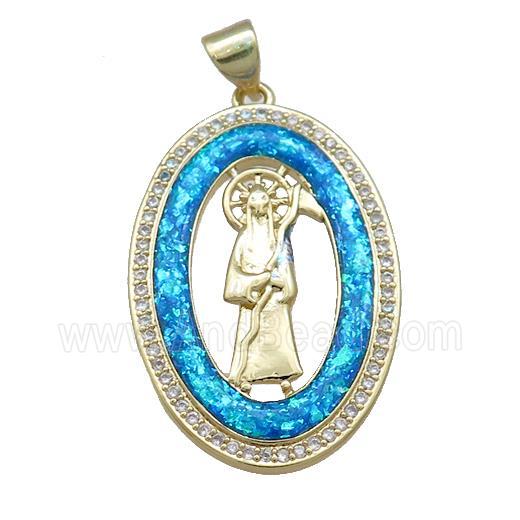 Saint Jude Charms Copper Oval Pendant Pave Blue Fire Opal Zircon 18K Gold Plated