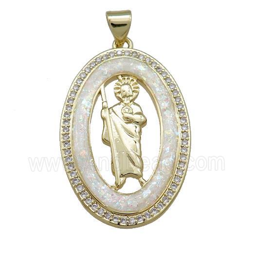 Saint Jude Charms Copper Oval Pendant Pave White Fire Opal Zircon 18K Gold Plated