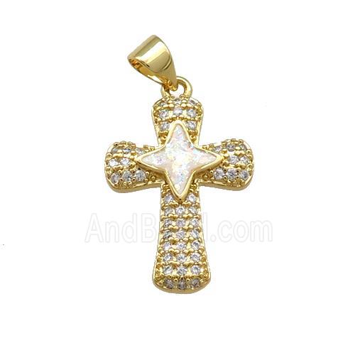 Copper Cross Pendant Pave White Fire Opal Zircon 18K Gold Plated