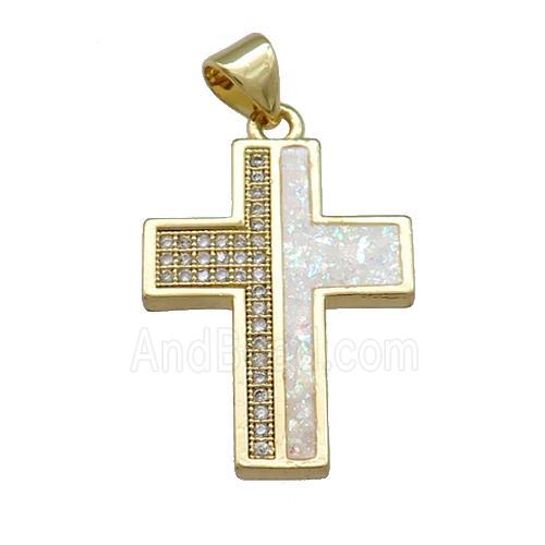Copper Cross Pendant Pave White Fire Opal Zircon 18K Gold Plated