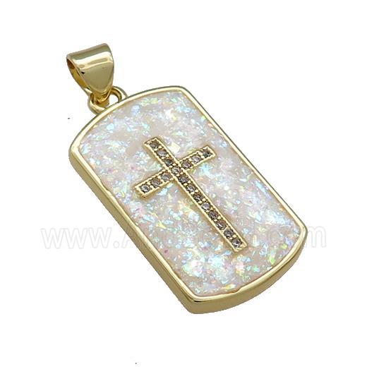 Copper Rectangle Pendant Pave White Fire Opal Zircon Cross 18K Gold Plated