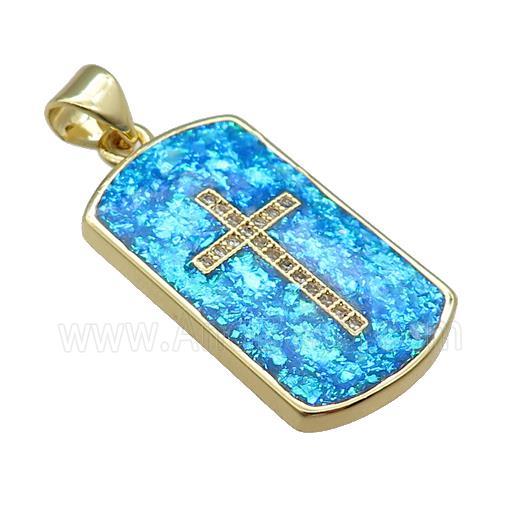 Copper Rectangle Pendant Pave Blue Fire Opal Zircon Cross 18K Gold Plated