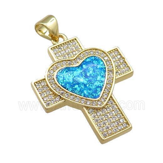 Copper Cross Pendant Pave Blue Fire Opal Zircon Heart 18K Gold Plated