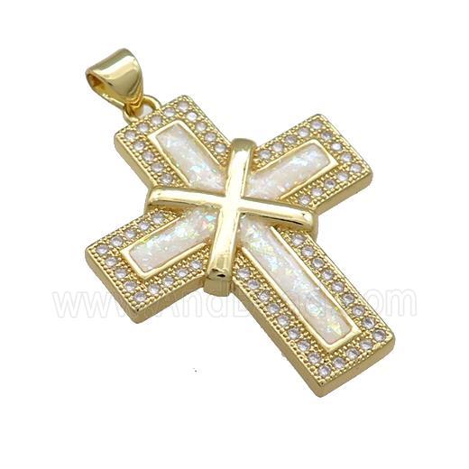 Copper Cross Pendant Pave White Fire Opal Zircon 18K Gold Plated