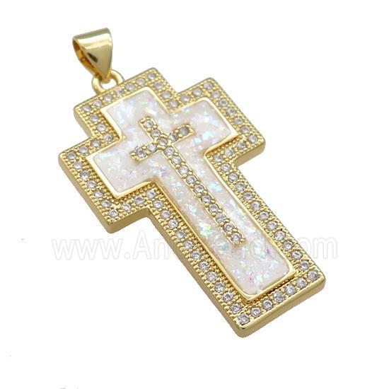 Copper Cross Pendant Pave White Fire Opal Zircon 18K Gold Plated
