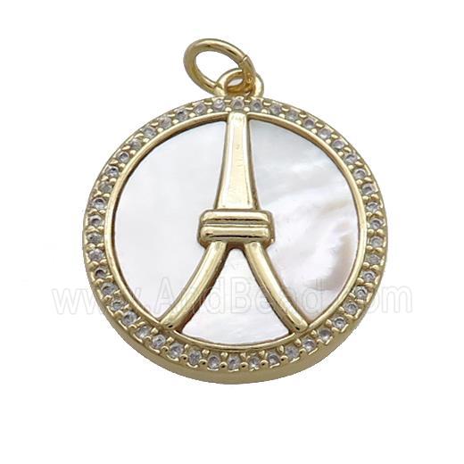 Copper Circle Pendant Pave Shell Zircon Eiffel Tower 18K Gold Plated