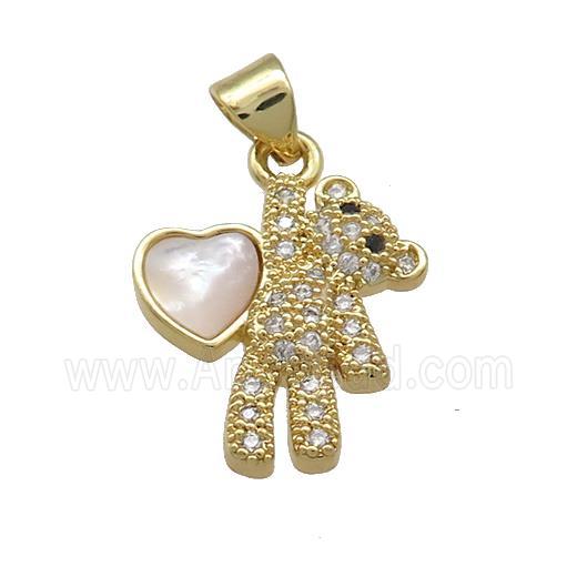 Copper Bear Pendant Pave Shell Heart Zircon 18K Gold Plated