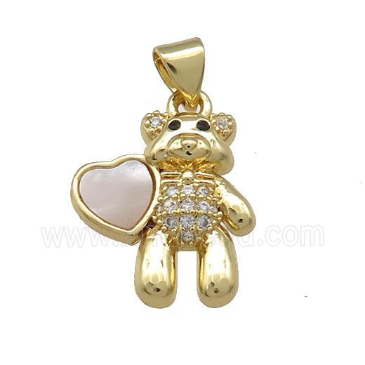 Copper Bear Pendant Pave Shell Heart Zircon 18K Gold Plated