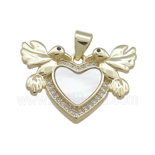 Copper Heart Pendant Pave Shell Zircon Double Birds 18K Gold Plated