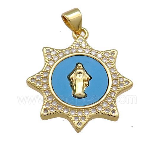Jesus Charms Copper Pendant Pave Blue Shell Zircon 18K Gold Plated