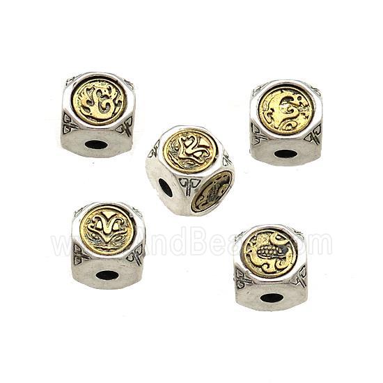 Tibetan Style Copper Cube Beads Chinese Mythical Beasts Totem Antique Silver Bronze