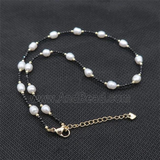 White Pearl Necklace With Black Spinel
