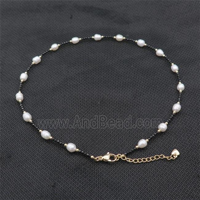 White Pearl Necklace With Black Spinel