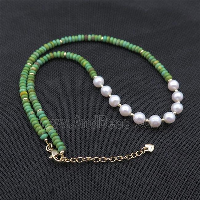 White Pearl Necklace With Green Magnesite Turquoise
