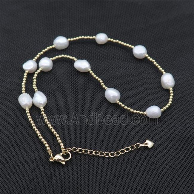 White Pearl Necklace With Copper Pony Beads Gold Plated