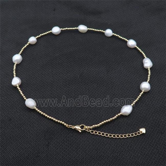 White Pearl Necklace With Copper Pony Beads Gold Plated