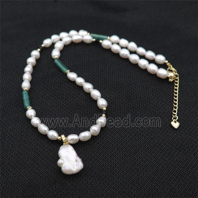 White Pearl Necklace Green Dye Agate