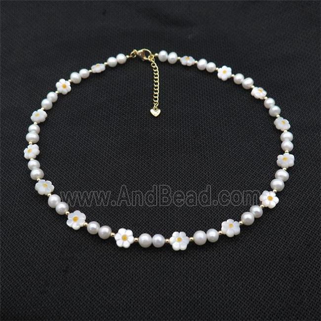 White Pearl Necklace With MOP Shell Flower