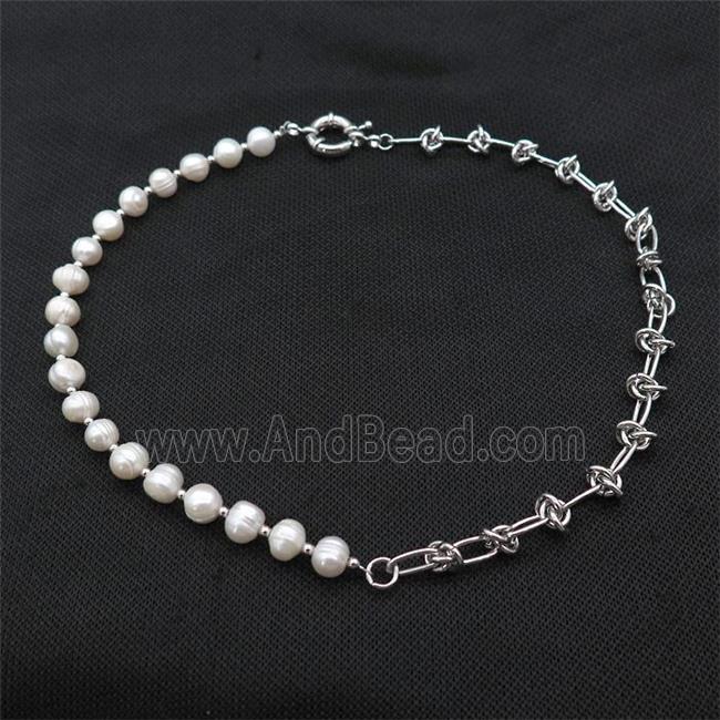 White Pearl Necklace With Copper Chain Platinum Plated