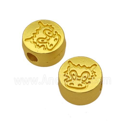 Alloy Coin Beads Large Hole Dancing Lion Matte Gold Plated