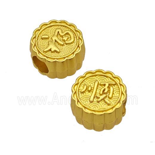 Alloy Coin Beads Large Hole Fu Lucky Matte Gold Plated