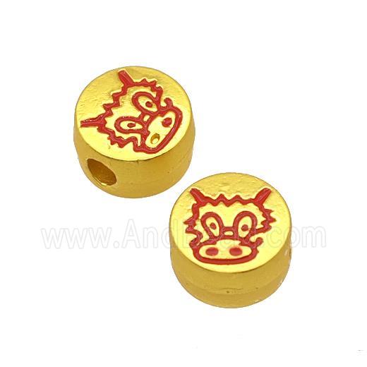 Alloy Coin Beads Large Hole Dancing Lion Red Painted Matte Gold Plated