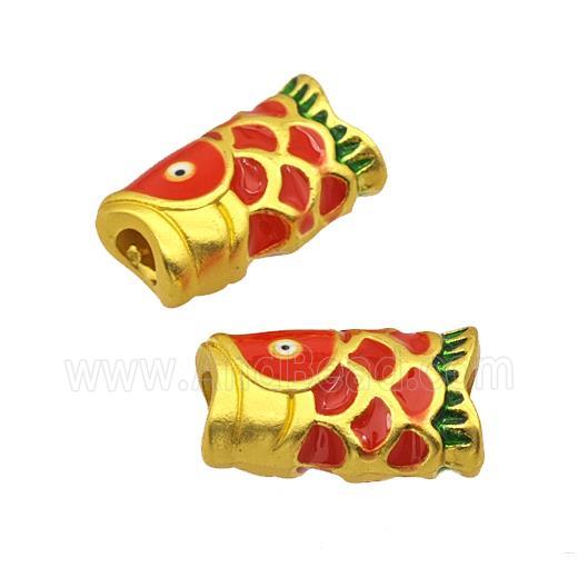Alloy Fish Charms Beads Large Hole Red Painted Matte Gold Plated