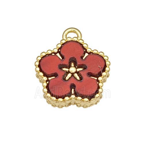 Copper Flower Pendant Pave Red Resin Gold Plated