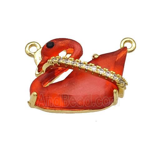 Copper Swan Pendant Pave Red Acrylic Zirconia 2loops Gold Plated