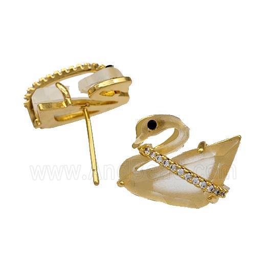 Copper Swan Stud Earrings Pave Acrylic Zirconia Gold Plated